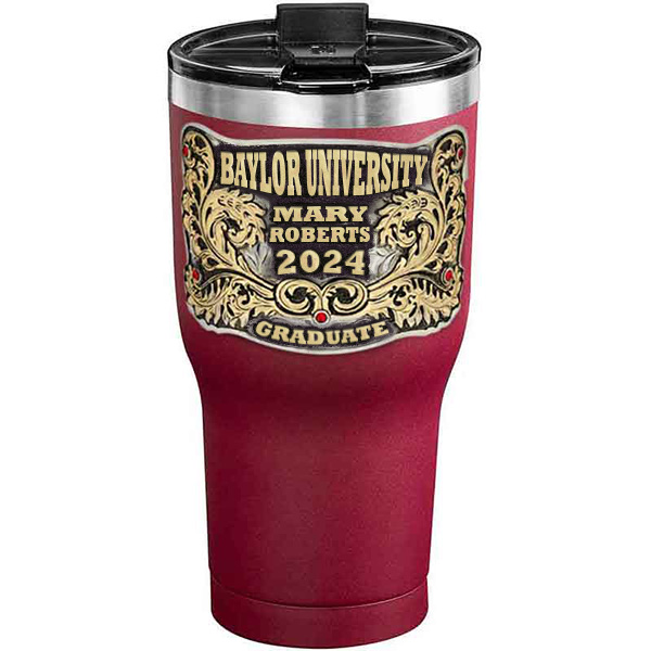 A customized tumbler made of stainless steel with a personalized engraved name and Baylor University lettering, 30 oz, ideal for coffee or cool drinks